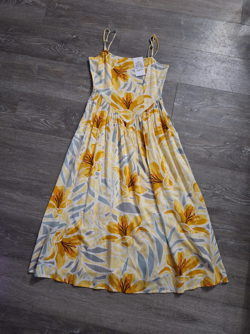 Patrons of Peace All Over Print Yellow Floral Drop Waist Rayon Midi Dress, NWT